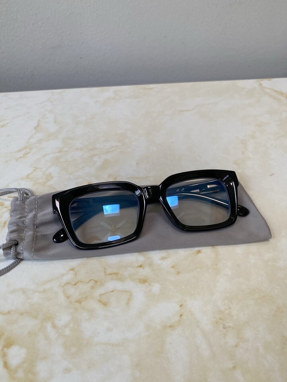 Black Square Blue Light Glasses With Gray Drawstring Sleeve